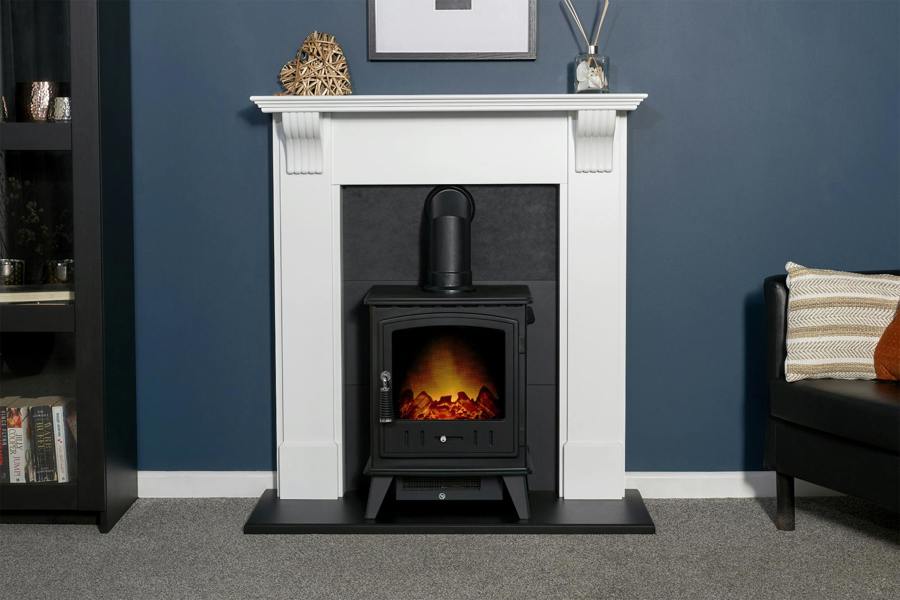 Adam Harrogate Stove Fireplace in Pure White & Black with Adam Aviemore Electric Stove in Black, 39 Inch