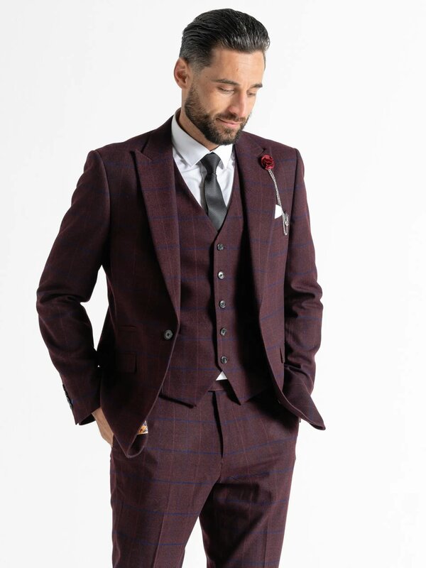 V2 Classic Kensignton Three Piece Suit - Soft Plum Tweed With Blue Checks