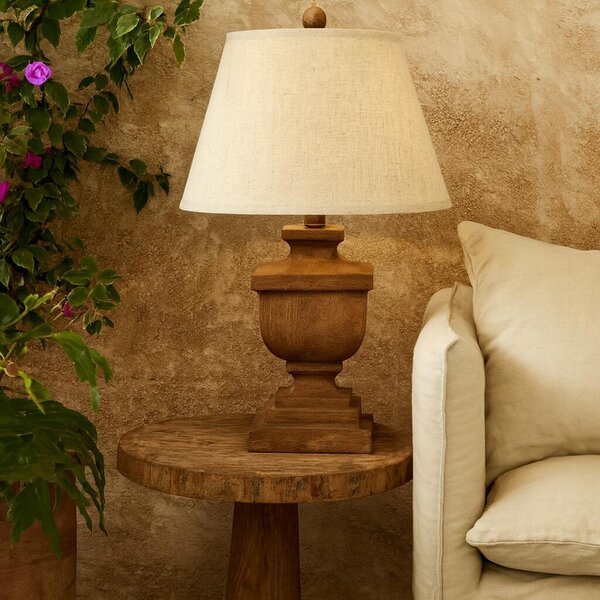 Wyld Haus Bormes Wooden Pedestal Table Lamp With Cream Linen Shade