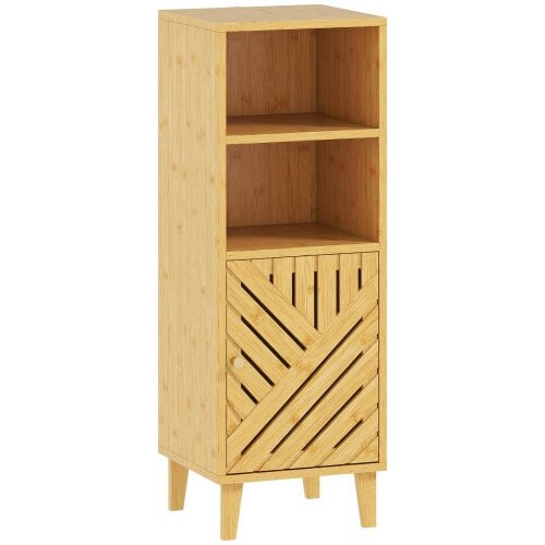 Wyld Haus Mire Slim Freestanding Bathroom Storage Cabinet With Bamboo Door Legs And OFauxn Compartments Natural Wood Finish