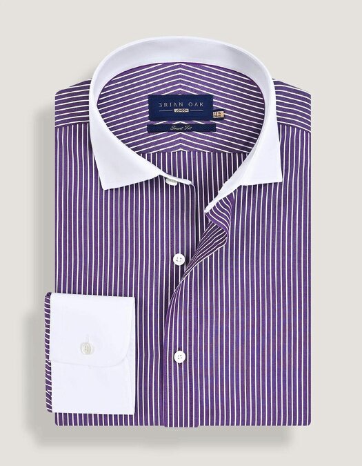 Contrast Collar Striped Dark Purple Formal Shirt for Men