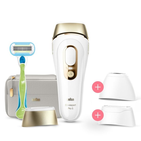 Braun IPL Silk-Expert Pro 5 At Home Hair Removal Device with Pouch - White / Gold (PL5257)