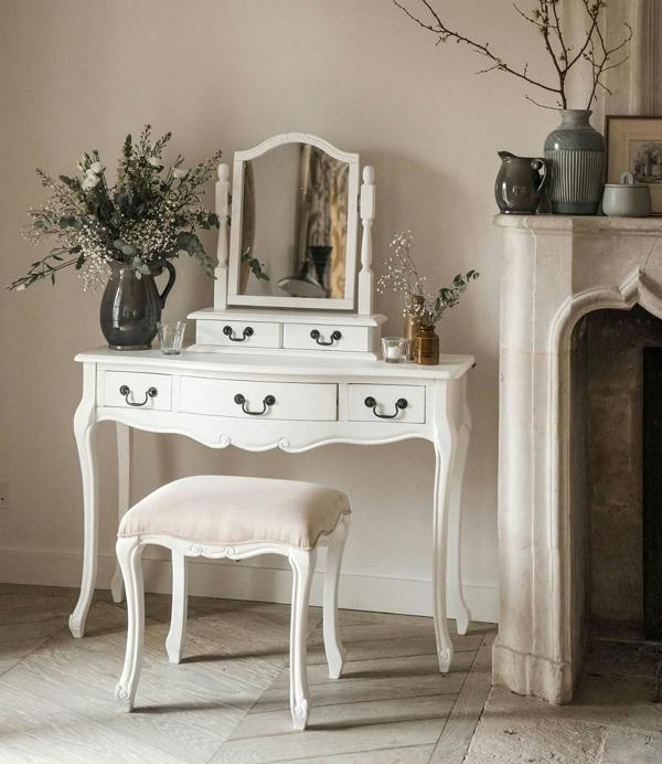 Statement Furniture Juliette Dressing Table Set with Trinket Mirror. French Table Mirror with Storage and Stool