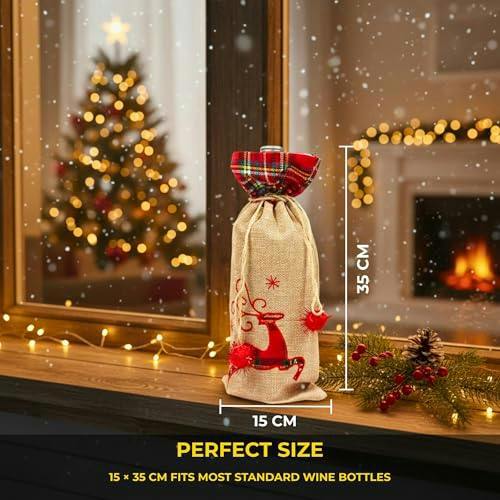 Size 15 x 35 cm Christmas Wine Bottle Cover Bag with Drawstring Reindeer Print for Festive Gift Display image 4