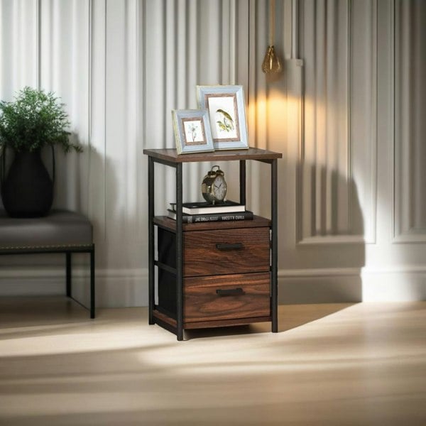 Modcraft Industrial Metal Frame Nightstand with Wooden Top and 2 Folding Drawers