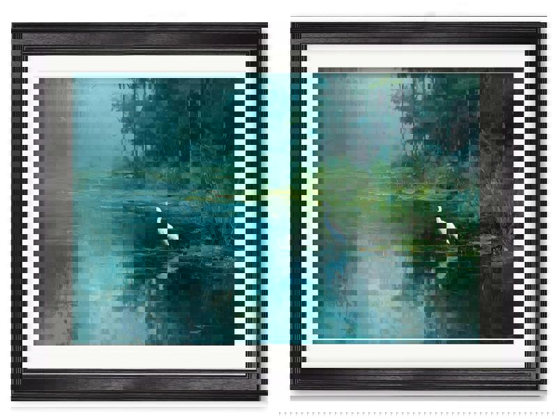 Exceptional Art Misty Lake Great Egret - Black Hurstwood frame