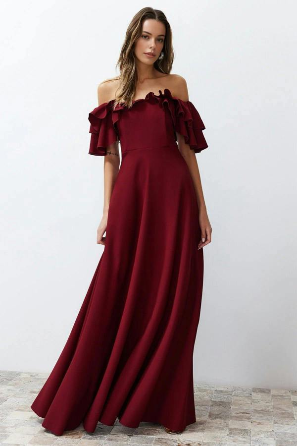WOVCOR A-Line Ruffled Woven Long Evening Dress