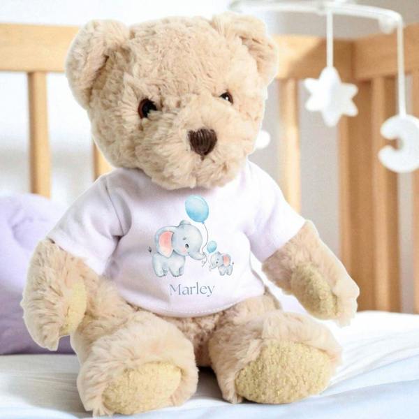 Personalised Luxury Teddy Bear with Little Elephants T-Shirt
