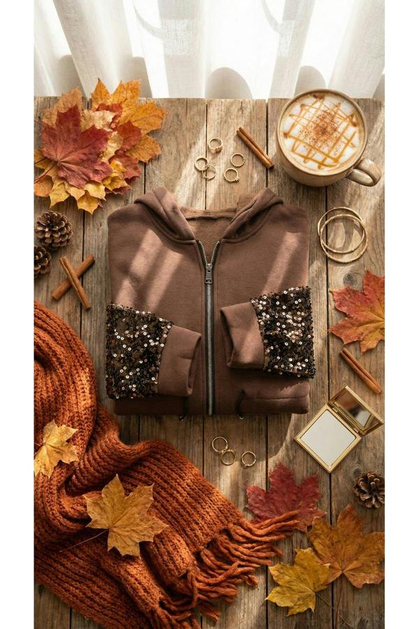 Evalora Zip Up Hoodie With Sequin Sleeve Detail - Brown