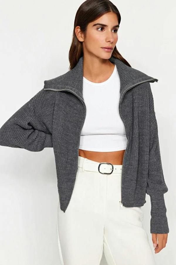 Hoxton Gal Oversized Draped Collar Zip-Up Knit Cardigan
