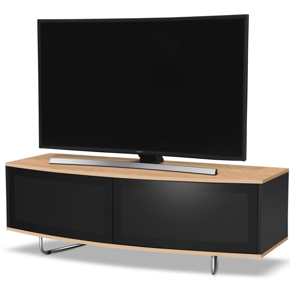 Centurion Supports Caru Gloss Black and Oak Beam-Thru Remote Friendly Super-Contemporary "D" Shape Design 32"-65" LED/OLED/LCD TV Cabinet