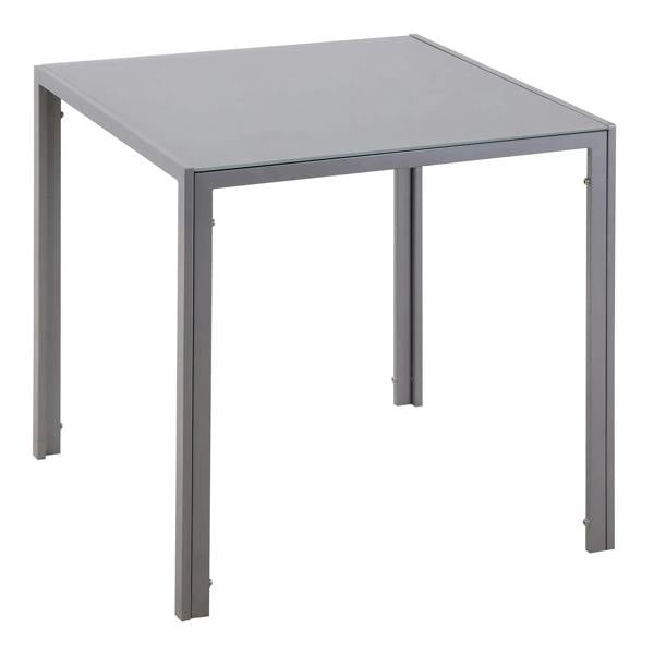 Grey square dining table with glass top and four metal legs