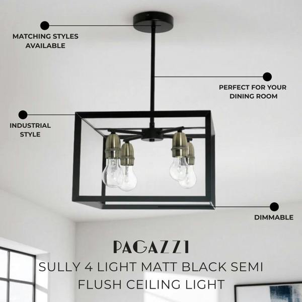 Pagazzi Lighting Sully 4 Light Matt Black Semi Flush Ceiling Light
