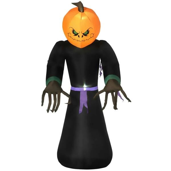 Inflatable pumpkin-headed vampire figure with orange face, black robe and purple belt