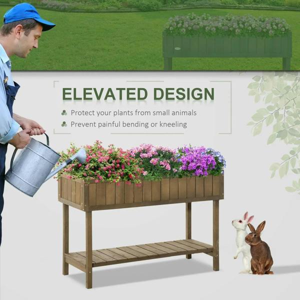 Brown wooden raised herb planter with elevated frame and slatted lower shelf