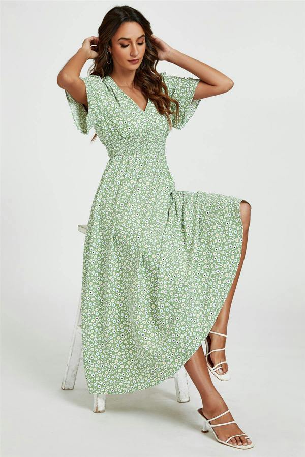 FS Collection Multi Floral Print V Neck Midi Dress In Green