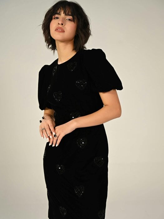 Rose & Nancy Rosheen Black Velevt Hand Embellished Heart Mini Dress
