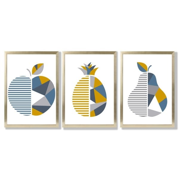 Artze Wall Art Set of 3 Blue & Yellow Geometric Fruit Framed Prints