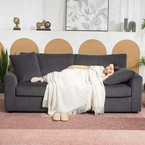 Bobobiy Modern 3 Seater Sofa with Spring Cushion, 212 cm Fabric Jumbo Cord Sofa Couch with 2 Scatter Cushions, Upholstered Corduroy Settee, Grey