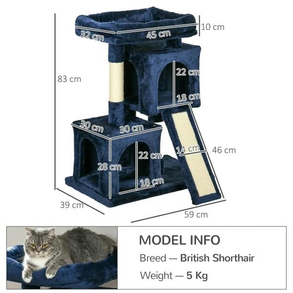 Navy blue cat activity tree with plush platforms, condos, and sisal scratch ramp