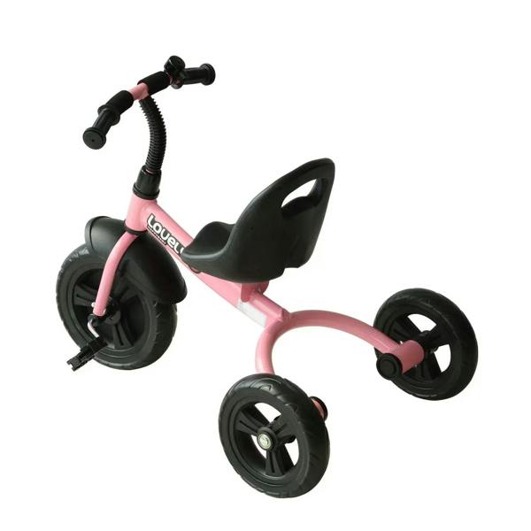 Pink 3-wheel toddler tricycle with black seat and three black wheels
