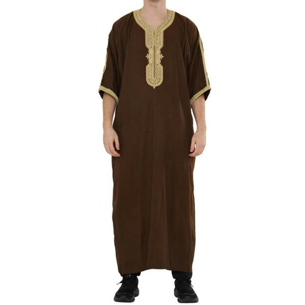 Men's Half Sleeve Embroidery Moroccan Thobe - Brown Beige - Thobez - 14