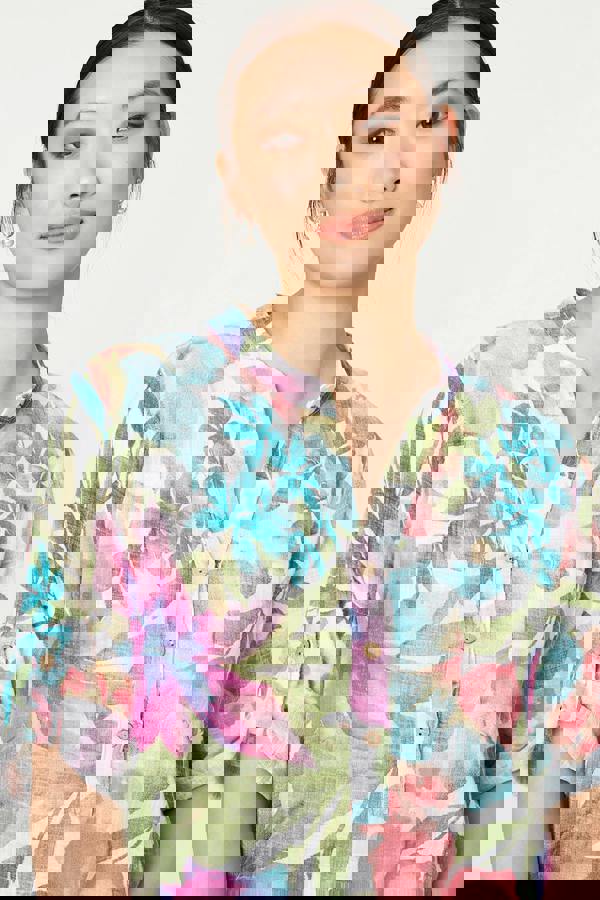 White | Floral Turn-Up Sleeve Relaxed Blouse