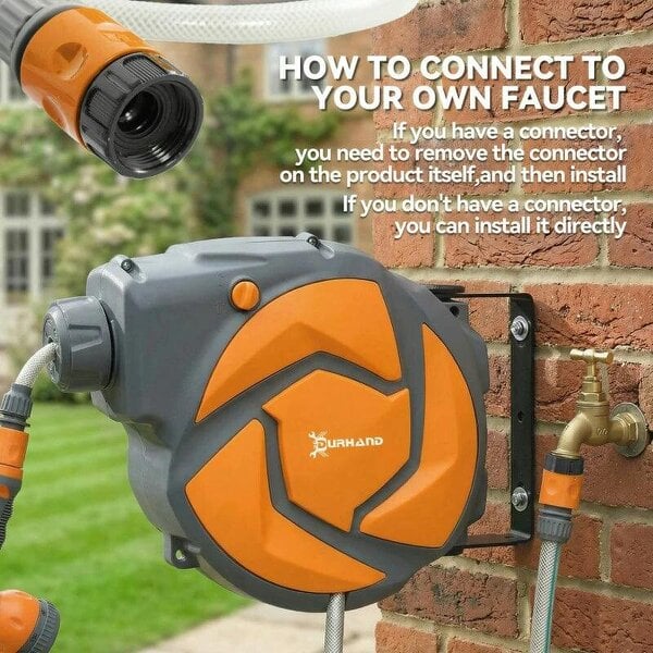 Bobobiy 10m Garden Hose Reel Wall Mounted Auto Rewind with 7 Patterns Spray Nozzle, Includes Wall Fixings, Orange