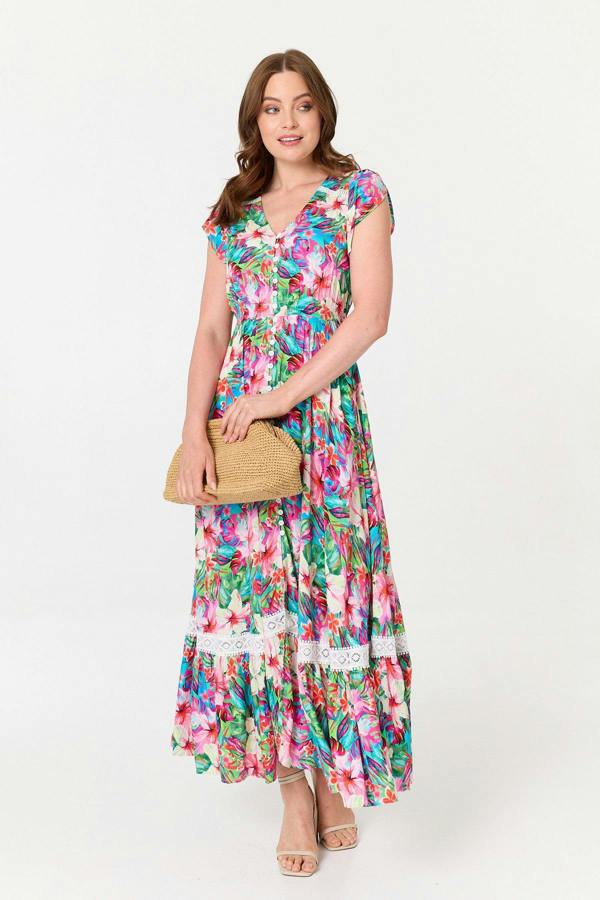Pink | Floral Cap Sleeve Buttoned Maxi Dress
