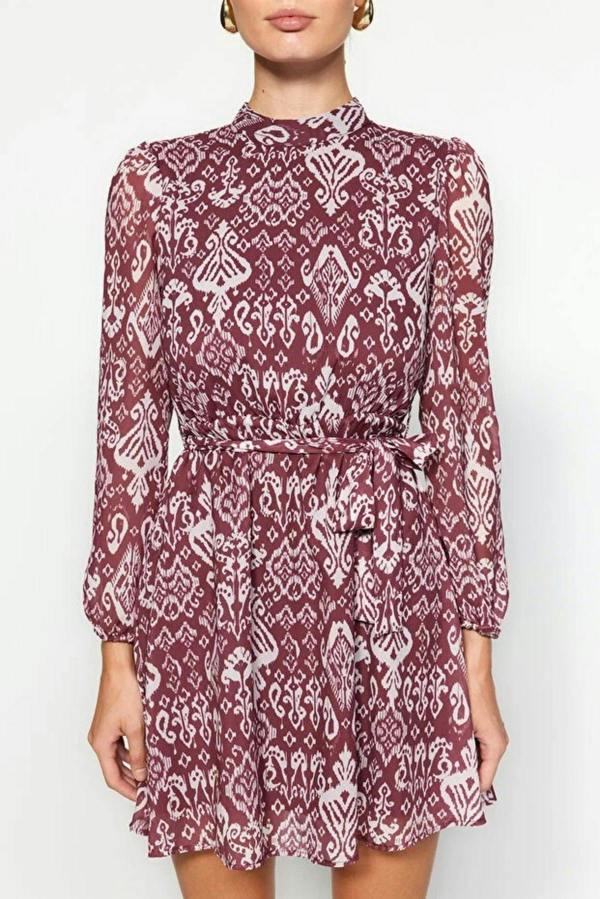 WOVCOR Chiffon Mini Woven Dress with Belted Flounce Skirt