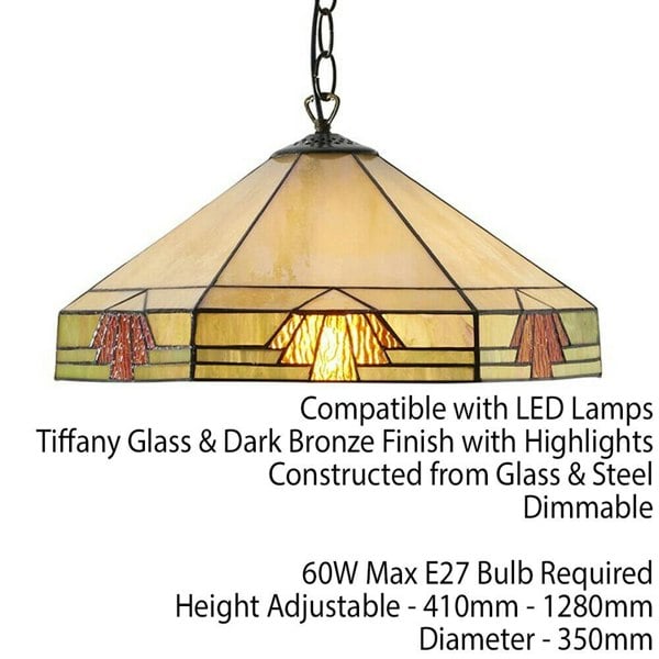 Tiffany Glass Hanging Ceiling Pendant Light Bronze & Amber Art Deco Shade i00146 Loops