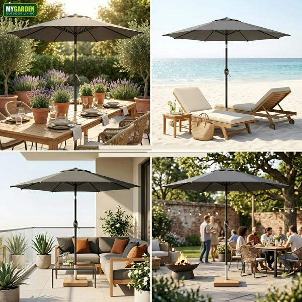 My Garden Outdoor Living Parasol Umbrella 2m Dia - Push Button Tilting Patio Umbrella with Crank Lift - Polyester Canopy, Outdoor Sun Shade