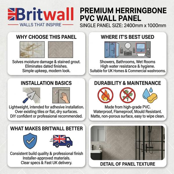 Britwall Light Beige Herringbone PVC Shower Panel Matt Finish – Light Beige Herringbone