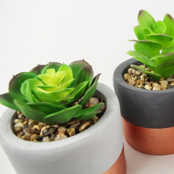 Leaf 14cm Set of Three Stoneware Mini Copper Band Planters with Artificial Succulent Plants