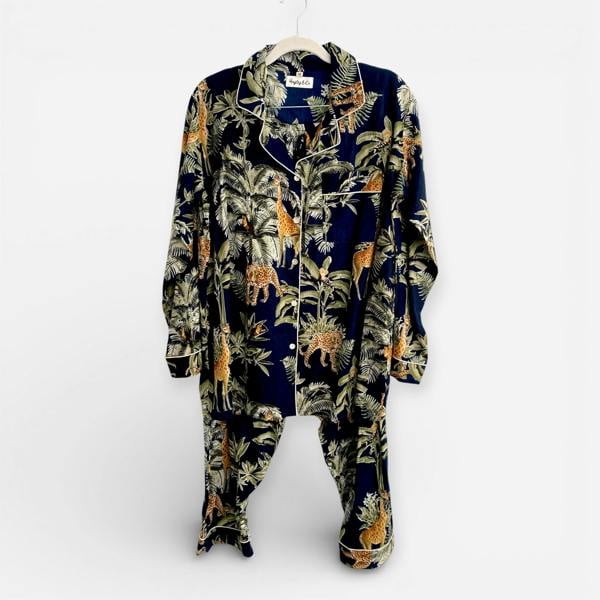 Hayley & Co Giraffe Print 100% Cotton Long Pyjama Set in Dark Blue