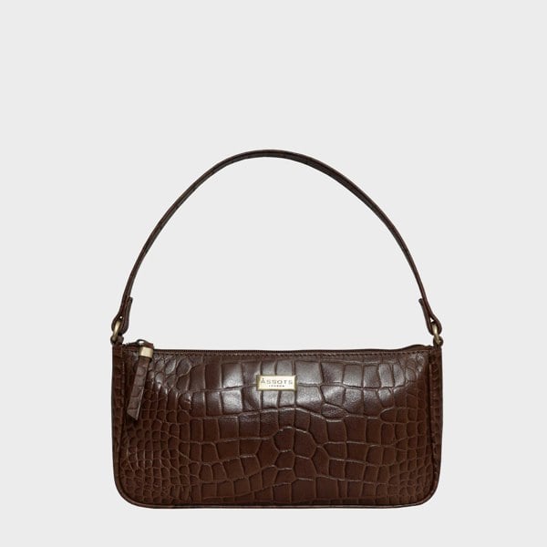 Assots London 'ZARA' Tan Croc Real Leather Baguette Shoulder Bag