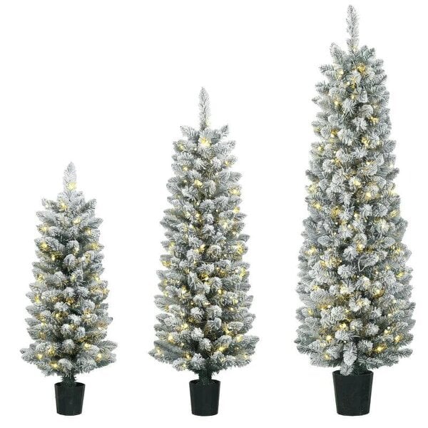 Bobobiy Prelit Snowy Flocked Artificial Christmas Tree Set of 3, Slim Xmas Tree with PVC Tips, 3FT+4FT+5FT
