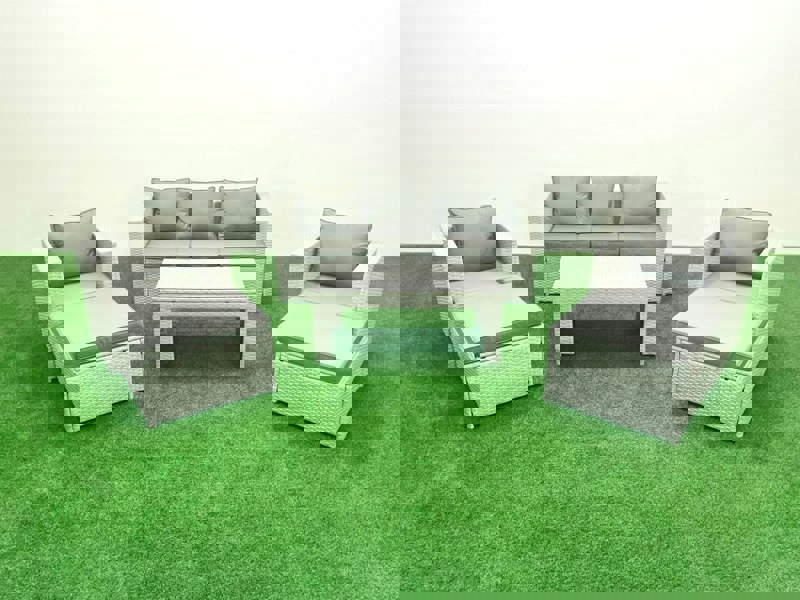 Fimous Rattan Garden Furniture Set 7 Seater Outdoor Garden Sofa 2 Chairs Oblong Coffee Table Set with 2 Stools Light Grey Mixed