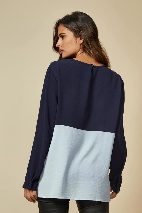 Hoxton Gal Colour Block Blouse in Navy and Blue