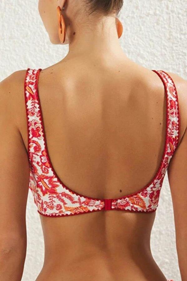 WOVCOR Striped Embroidered Triangle Covered Bikini Top