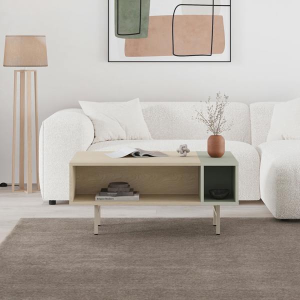 Decortie Modern 100cm Rectangle Coffee Table with Open Dual Shelf 4 Storage Compartments, Metal Frame Legs, Sonoma Oak, Ash Green