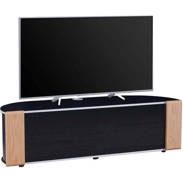 MDA Designs Sirius 1600 TV Cabinet Gloss Black Stand with BEAMTHRU Remote-Friendly Glass Door, Walnut/Oak Trims for TVs up to 70” TV