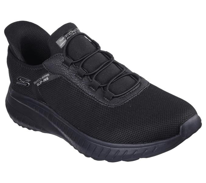 Skechers Bobs Squad Chaos Tough Walk Mens Slip-In Casual Trainers, black athletic slip-ons with a textured mesh upper and lightweight cushioned sole.