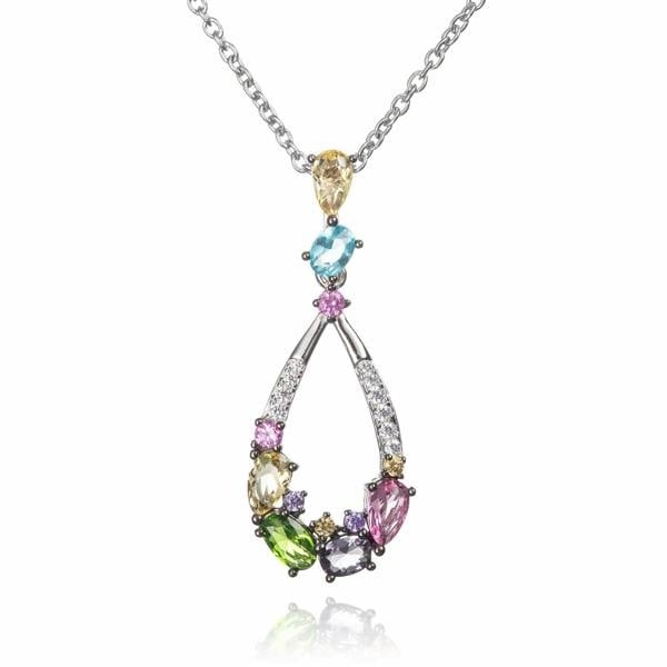 Sterling Silver Colourful Pendant Necklace for Women with Multicoloured Stones and Cubic Zirconia Gemstones - namana.london