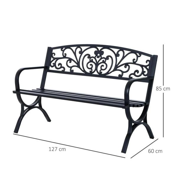 Black powder-coated steel 2-seat garden bench, 127x60x85cm with ornate backrest