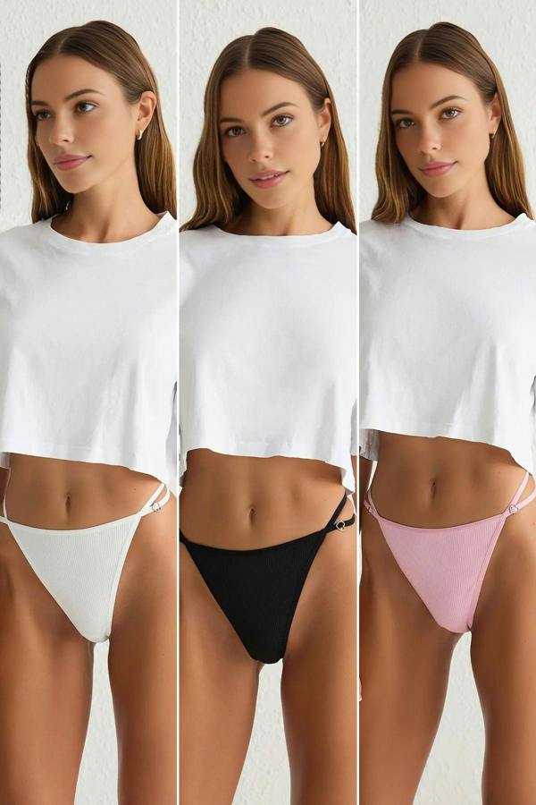 WOVCOR 3-Pack Heart-Shaped Accessory Detail Ribbed Thong Knitted Panties