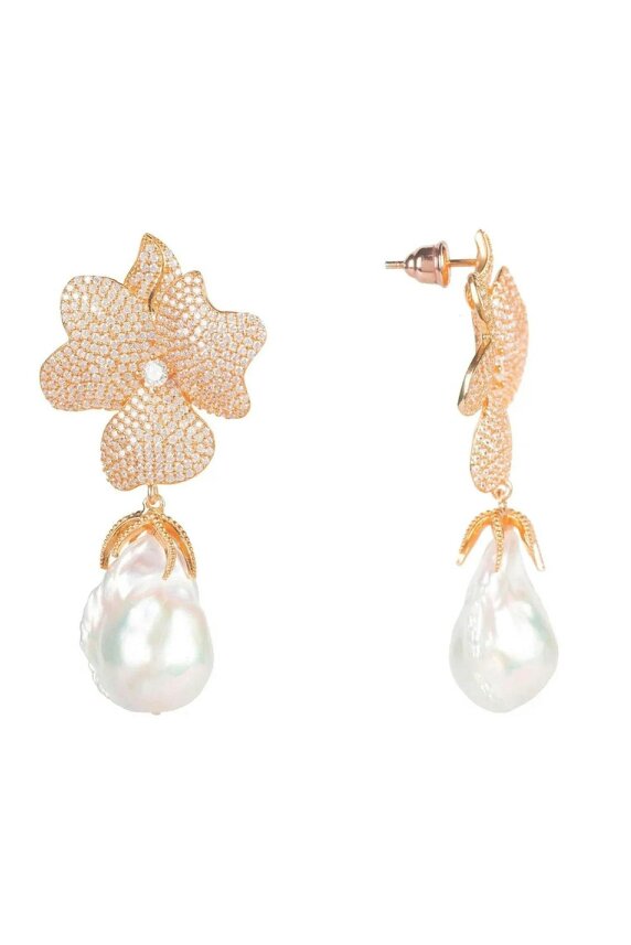 Latelita Baroque Pearl White Flower Drop Earrings Rosegold
