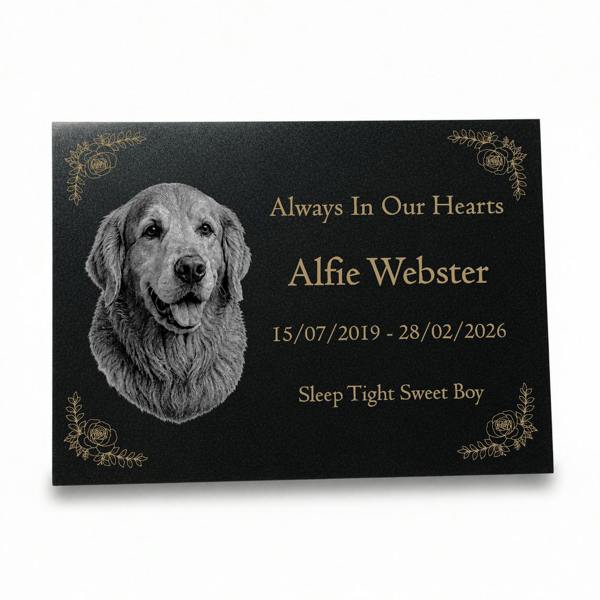 Memorials Direct Dog Memorial Granite Photo Plaque - Floral Design