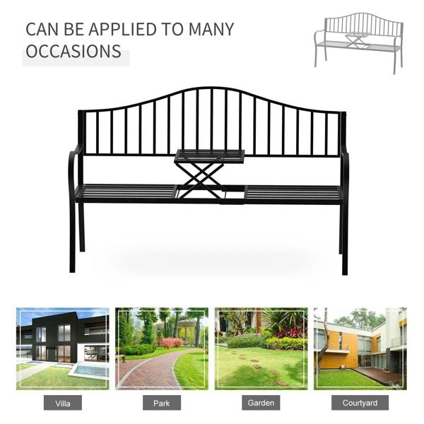 Black metal bench with retractable table, curved high backrest, slatted seat frame