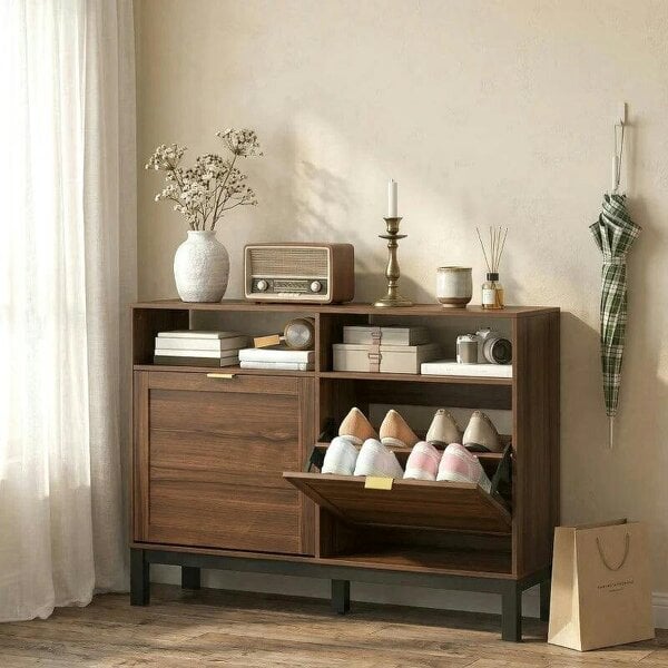 Bobobiy Shoe Cabinet with 2 Flip Drawers, Narrow Shoe Storage Top for Entryway Hallway, Rustic Brown